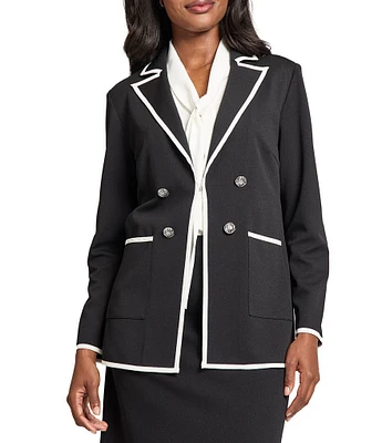 Ming Wang Stretch Deco Crepe Peak Collar Long Sleeve Contrast Trim Jacket