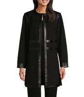 Ming Wang Stretch Ponte Faux Leather Trim Round Neck Long Sleeve Jacket