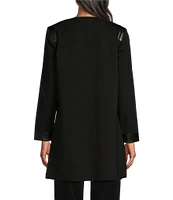 Ming Wang Stretch Ponte Faux Leather Trim Round Neck Long Sleeve Jacket