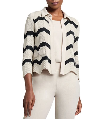 Ming Wang Stripe Knit Collar Neck 3/4 Sleeve Scallop Jacket