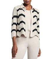 Ming Wang Stripe Knit Collar Neck 3/4 Sleeve Scallop Jacket