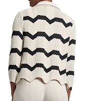 Ming Wang Stripe Knit Collar Neck 3/4 Sleeve Scallop Jacket