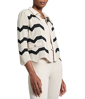 Ming Wang Stripe Knit Collar Neck 3/4 Sleeve Scallop Jacket
