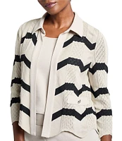 Ming Wang Stripe Knit Collar Neck 3/4 Sleeve Scallop Jacket