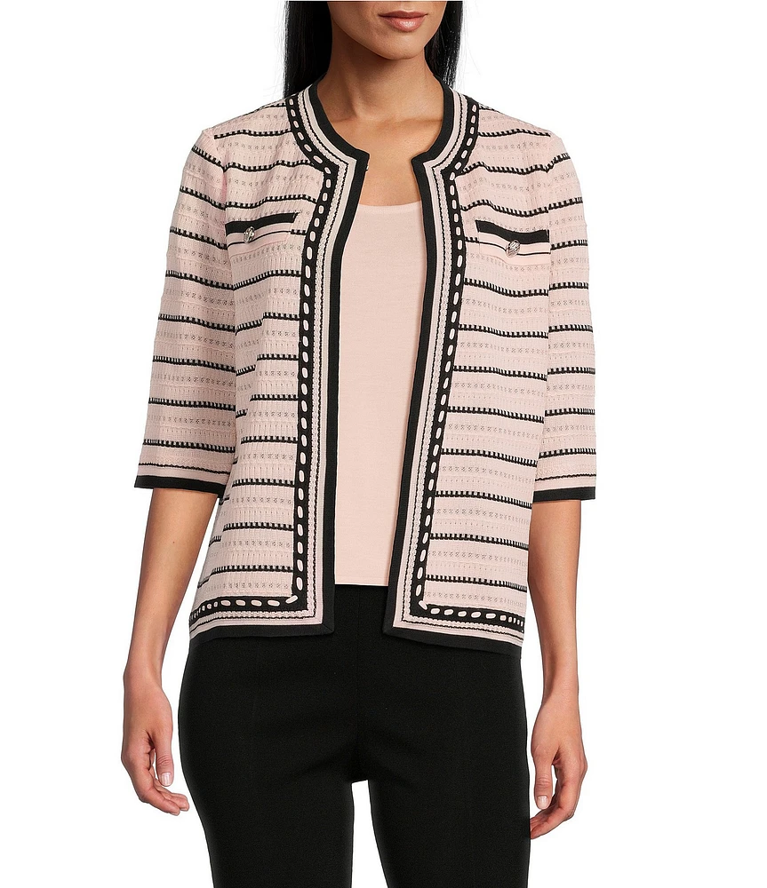 Ming Wang Striped Knit Round Collar 3/4 Sleeve Jacket