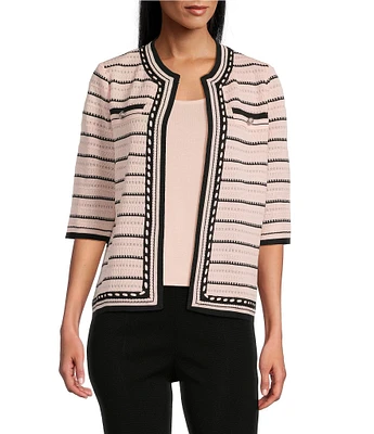 Ming Wang Striped Knit Round Collar 3/4 Sleeve Jacket