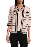 Ming Wang Striped Knit Round Collar 3/4 Sleeve Jacket