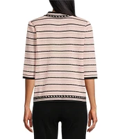 Ming Wang Striped Knit Round Collar 3/4 Sleeve Jacket
