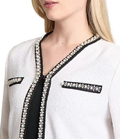 Ming Wang Textured Embellished Long Sleeve Contrast Trim Jacket