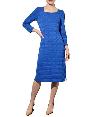 Ming Wang Textured Soft Knit Square Neck 3/4 Sleeve Shift Dress