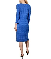 Ming Wang Textured Soft Knit Square Neck 3/4 Sleeve Shift Dress