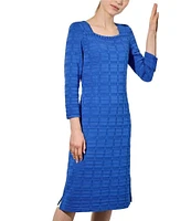 Ming Wang Textured Soft Knit Square Neck 3/4 Sleeve Shift Dress