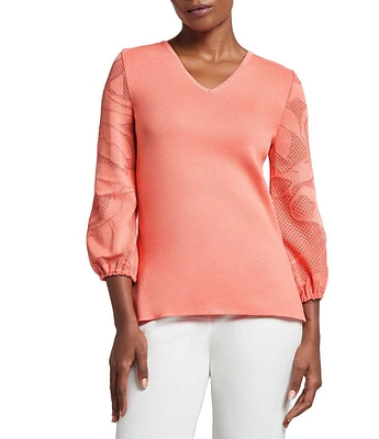 Ming Wang Tonal Texture Knit V-Neck Bracelet Sleeve Top