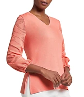 Ming Wang Tonal Texture Knit V-Neck Bracelet Sleeve Top