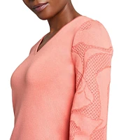 Ming Wang Tonal Texture Knit V-Neck Bracelet Sleeve Top