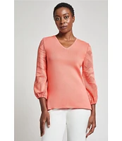 Ming Wang Tonal Texture Knit V-Neck Bracelet Sleeve Top