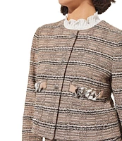 Ming Wang Tweed Round Neck Chain Pocket Detail Cropped Jacket