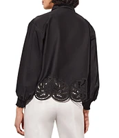 Ming Wang Western Stretch Cotton Floral Lace Cut-Out Point Collar Long Bishop Sleeve Blouse