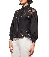 Ming Wang Western Stretch Cotton Floral Lace Cut-Out Point Collar Long Bishop Sleeve Blouse