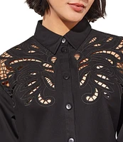 Ming Wang Western Stretch Cotton Floral Lace Cut-Out Point Collar Long Bishop Sleeve Blouse