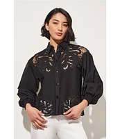 Ming Wang Western Stretch Cotton Floral Lace Cut-Out Point Collar Long Bishop Sleeve Blouse