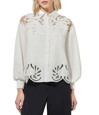 Ming Wang Western Stretch Cotton Floral Lace Cut-Out Point Collar Long Bishop Sleeve Blouse