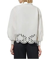 Ming Wang Western Stretch Cotton Floral Lace Cut-Out Point Collar Long Bishop Sleeve Blouse