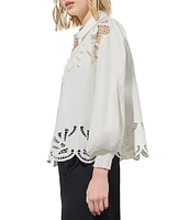 Ming Wang Western Stretch Cotton Floral Lace Cut-Out Point Collar Long Bishop Sleeve Blouse