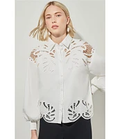 Ming Wang Western Stretch Cotton Floral Lace Cut-Out Point Collar Long Bishop Sleeve Blouse