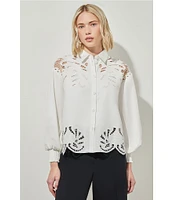 Ming Wang Western Stretch Cotton Floral Lace Cut-Out Point Collar Long Bishop Sleeve Blouse