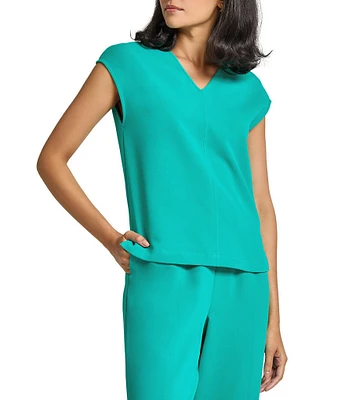 Ming Wang Woven Crepe V-Neck Cap Sleeve Top