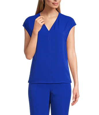 Ming Wang Woven Crepe V-Neck Cap Sleeve Top