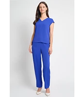 Ming Wang Woven Crepe V-Neck Cap Sleeve Top