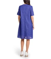 Ming Wang Woven Embroidered Crew Neck Short Sleeve A-Line Dress