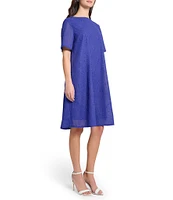 Ming Wang Woven Embroidered Crew Neck Short Sleeve A-Line Dress