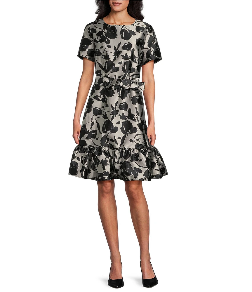 Ming Wang Woven Floral Crew Neck Short Sleeve Belted A-Line Dress