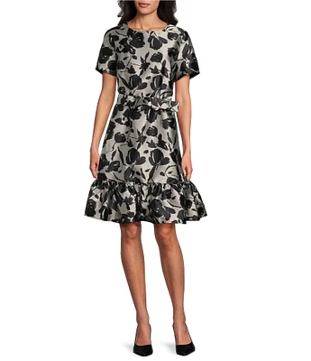 Ming Wang Woven Floral Crew Neck Short Sleeve Belted A-Line Dress