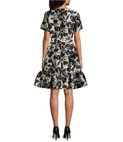 Ming Wang Woven Floral Crew Neck Short Sleeve Belted A-Line Dress