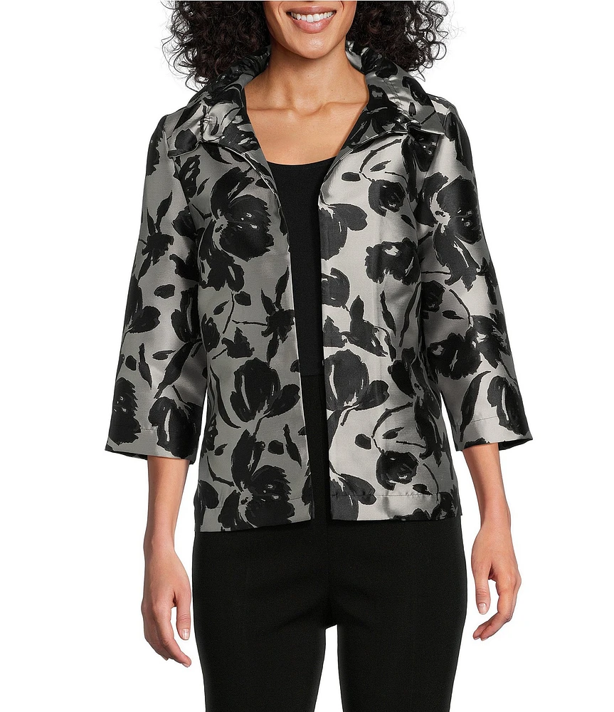 Ming Wang Woven Floral Ruched Collar 3/4 Sleeve Jacket