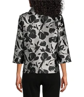 Ming Wang Woven Floral Ruched Collar 3/4 Sleeve Jacket