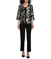 Ming Wang Woven Floral Ruched Collar 3/4 Sleeve Jacket