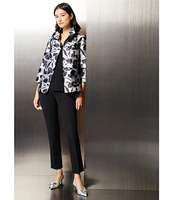 Ming Wang Woven Floral Ruched Collar 3/4 Sleeve Jacket