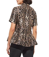 Ming Wang Woven Leopard Print Mock Neck Short Sleeve Peplum Blouse