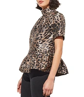 Ming Wang Woven Leopard Print Mock Neck Short Sleeve Peplum Blouse