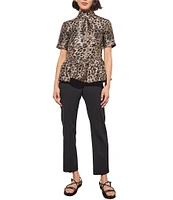 Ming Wang Woven Leopard Print Mock Neck Short Sleeve Peplum Blouse