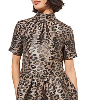 Ming Wang Woven Leopard Print Mock Neck Short Sleeve Peplum Blouse