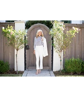 Ming Wang x Tanya Foster Cotton Pinstripe Point Collar Water Fall Long Sleeve Blouse