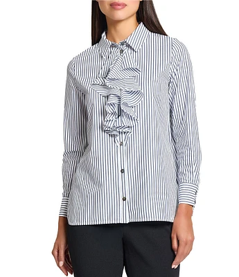 Ming Wang x Tanya Foster Cotton Pinstripe Point Collar Water Fall Long Sleeve Blouse