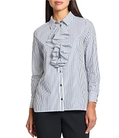 Ming Wang x Tanya Foster Cotton Pinstripe Point Collar Water Fall Long Sleeve Blouse