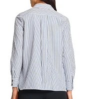 Ming Wang x Tanya Foster Cotton Pinstripe Point Collar Water Fall Long Sleeve Blouse